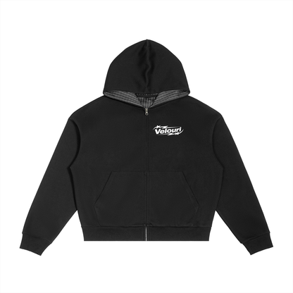 Velouri Grey Plaid Zip Up - Black